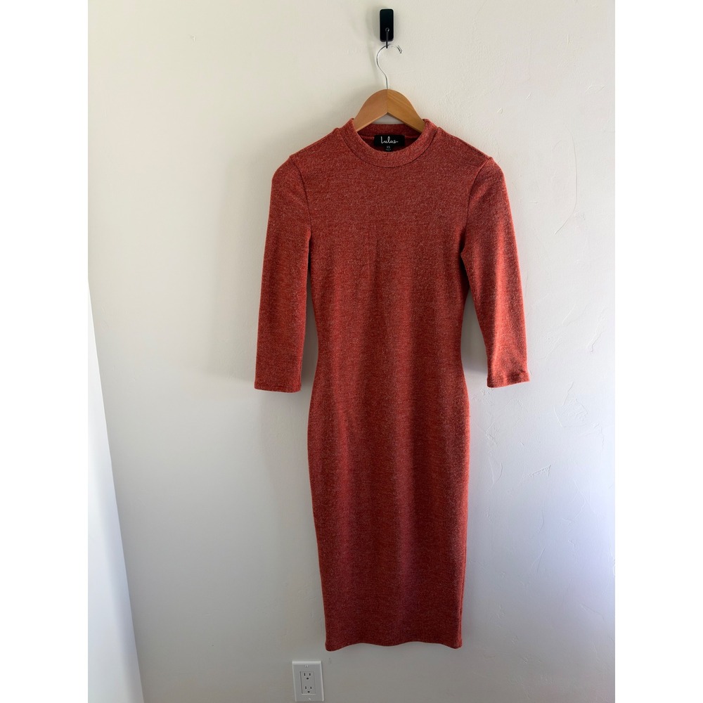 Lulus Womens Rust Orange Marled Knit Mock Neck Bodycon Midi Dress XS 3/4 Sleeve